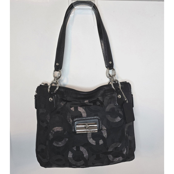 Coach Handbags - Coach Sig Kristin Metallic Zip Bag Tote Shoulder Bag Black/Silver 18286